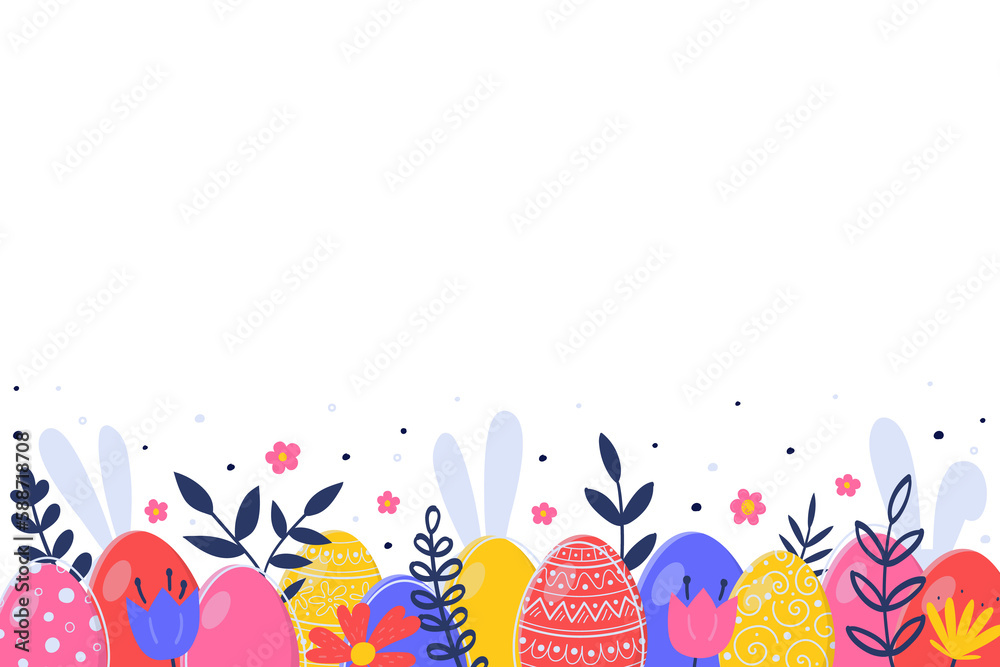 Easter decoration with hand drawn eggs, flowers and bunnies on transparent background. PNG illustration