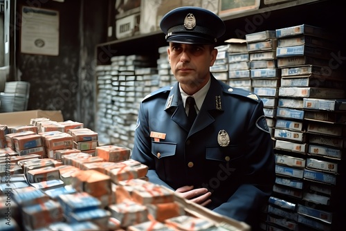 Counterfeit goods in boxes in police warehouse. Confiscated couterfeit goods. Police Officer looking at boxes. Generative Ai. photo