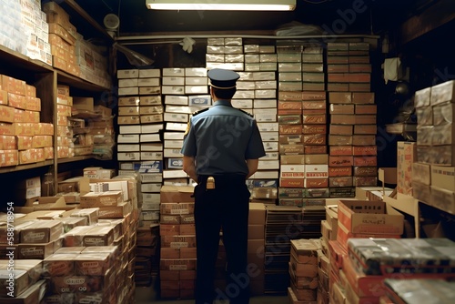 Counterfeit goods in boxes in police warehouse. Confiscated couterfeit goods. Police Officer looking at boxes. Generative Ai. photo