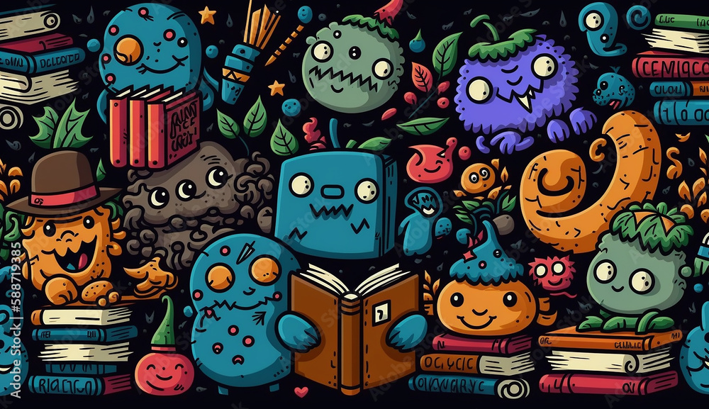 Obraz premium Cartoon cute doodles library seamless pattern Generative AI