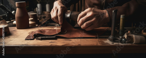 Leinwand Poster Leathersmith or leather craftsman sewing leather pieces together