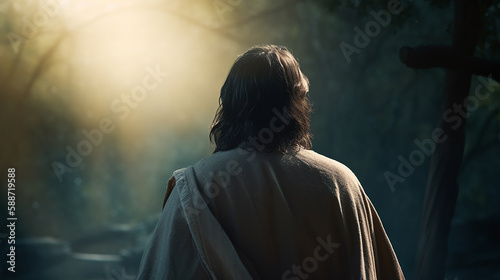 The resurrected Jesus Christ in the bright light sky and clouds, Heaven and Second Coming 