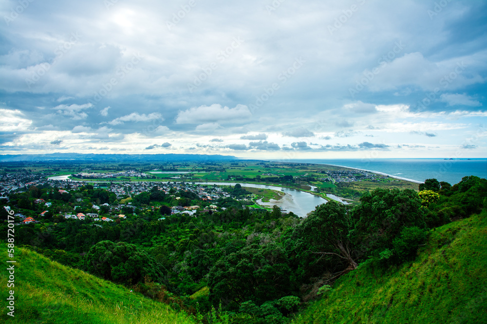 Panoramic aerial view over town of Whakatane. The heart of the Eastern