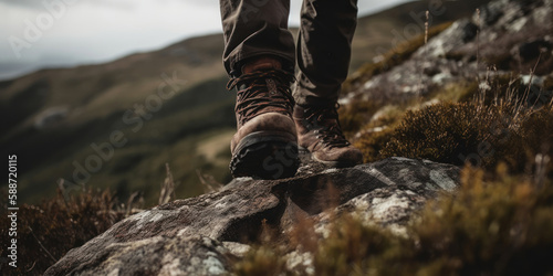 Close-up of a man ascending a mountain with his hiking boots made of leather. Generative AI