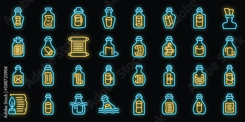 Message in the bottle icons set outline vector. Paper cork. Glass empty neon color on black