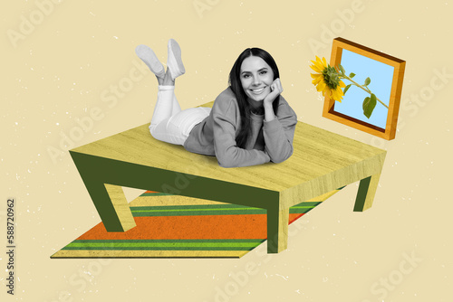 Figurative ad composite collage of young lady lying wooden desk comfortable touch cheek enjoy home furniture isolated on beige background