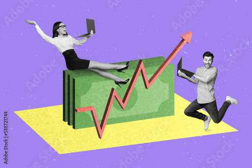Photo picture creative collage of businesspeople colleagues traders profit growing graphic banknotes usd isolated on purple background © deagreez