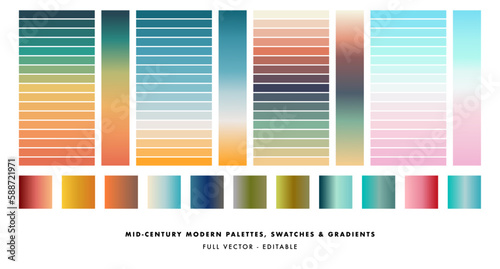 Mid Century 1970s retro gradients, swatches and palettes. Full vector, editable. VIntage colors.
