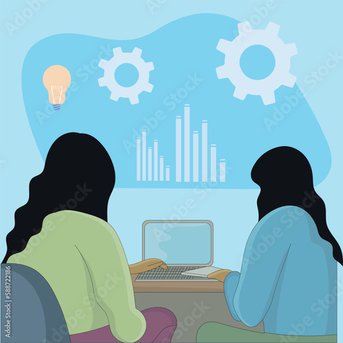 Flat design of two sitting women looking at laptop computer