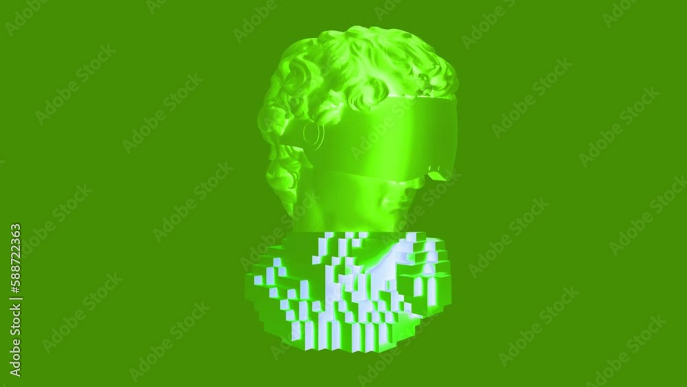 3D Colorful Pixelated Rotating David Head In VR Glasses Animation. Glitch Effect. Abstract Futuristic Sculpture In Modern Art Style. NFT Cryptoart Concept. 4K 3D Colorful Pixelated Rotating David Head In VR Glasses Animation. Glitch Effect. Abstract Futuristic Sculpture In Modern Art Style. NFT Cryptoart Concept. 4K