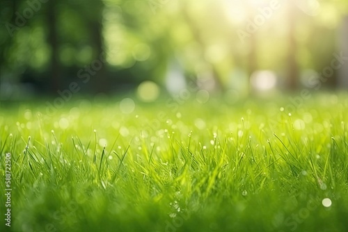 Fresh green garden grass lawn in spring, summer with bright bokeh of blurred foliage of springtime in the background - Generative AI © Hanjin