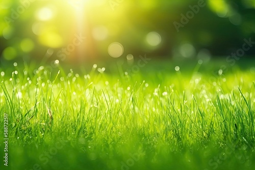 Fresh green garden grass lawn in spring, summer with bright bokeh of blurred foliage of springtime in the background - Generative AI