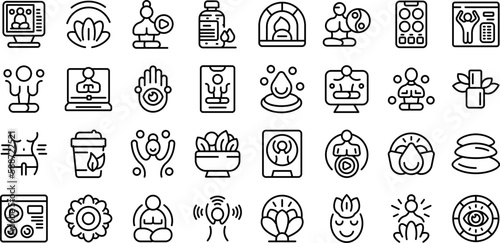 Online yoga training icons set outline vector. Yoga asana. Workout class