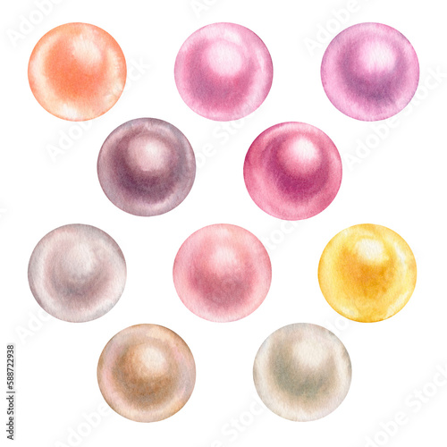 Watercolor hand drawn illustration of sea pearls. Groups and individual beads for the design of patterns, invitations, cards, wallpapers, postcards Elements isolated on white background