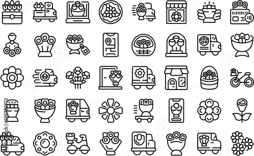 Flower delivery icons set outline vector. Surprise delivery. Man present