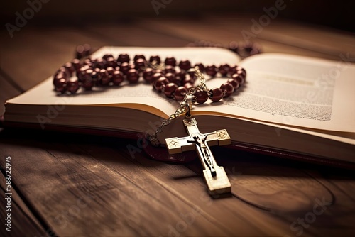 Open bible and wooden rosary with a cross. Generative AI photo