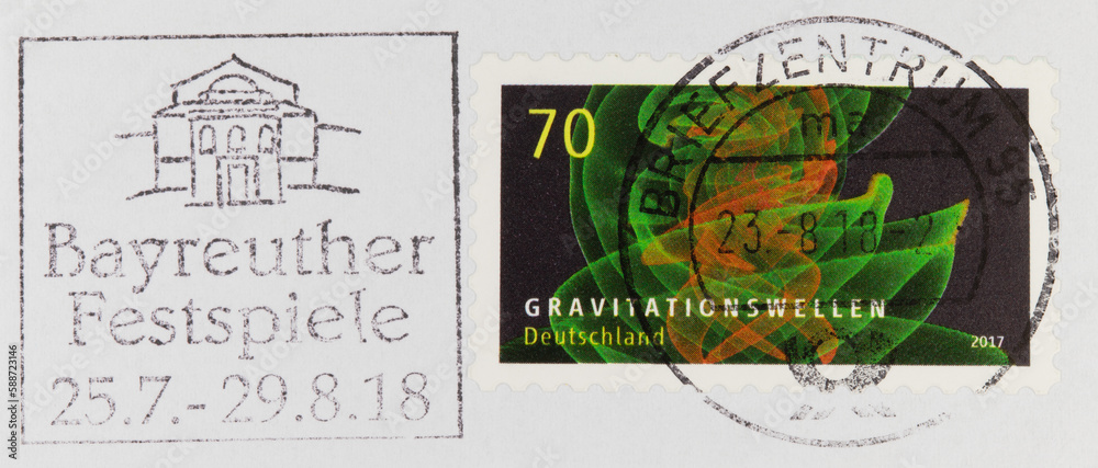 stamp briefmarke vintage retro slogan werbung bayreuther festspiele science wissenschaft 70 gravitationswellen green orange graviation waves papier post letter mail brief