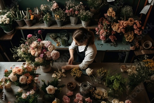 Les coulisses de l'atelier d'une fleuriste. 
Créée à l'aide de l'intelligence artificielle