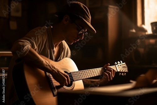 Un homme passionné joue de la guitare acoustique. 
Créée à l'aide de l'intelligence artificielle