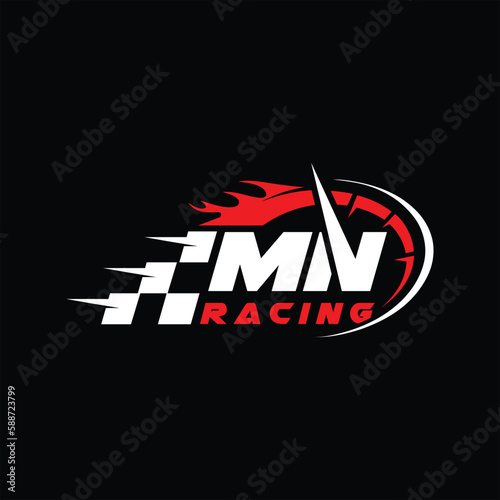 MN initial letter with speed meter logo design, Racing speed logo letter, speedometer, speed meter logo, car racing with flag logo design vector