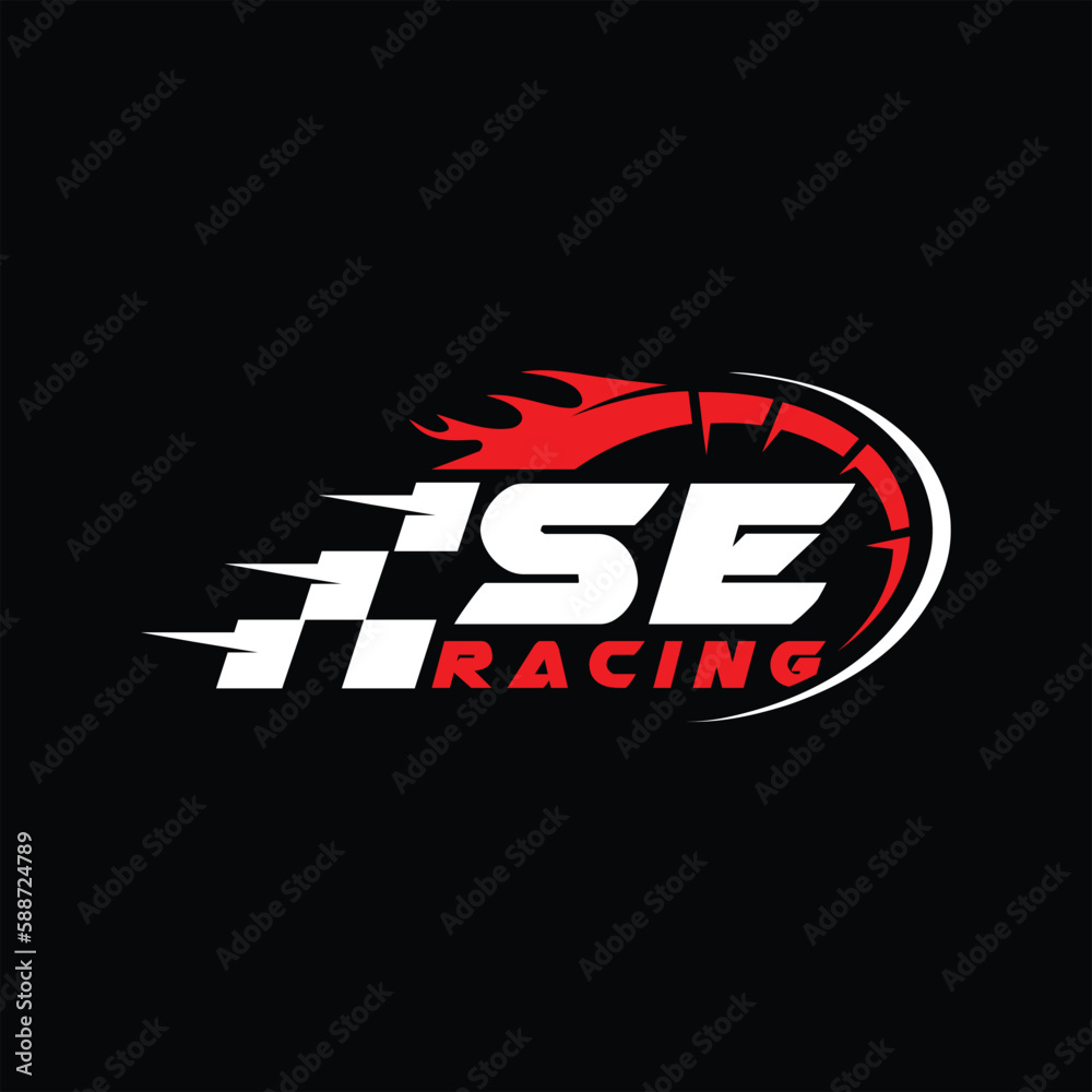 SE initial letter with speed meter logo design, Racing speed logo letter, speedometer, speed meter logo, car racing with flag logo design vector