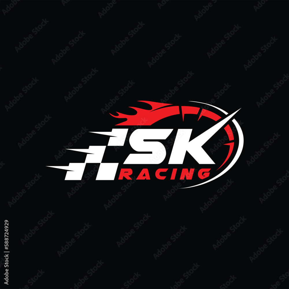 SK initial letter with speed meter logo design, Racing speed logo letter, speedometer, speed meter logo, car racing with flag logo design vector