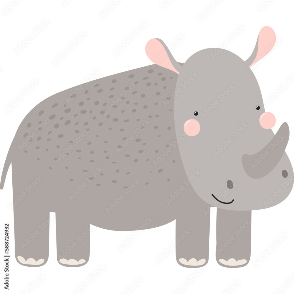 Cute funny rhino cartoon character illustration. Hand drawn Scandinavian style flat design, isolated vector. Tropical animal, jungle wildlife, safari, nature, kids print element