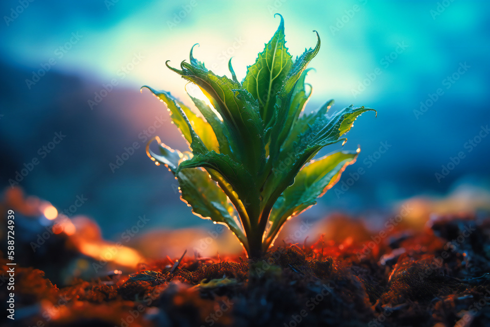 A young plant reaches for the sky, with a striking green and blue ...