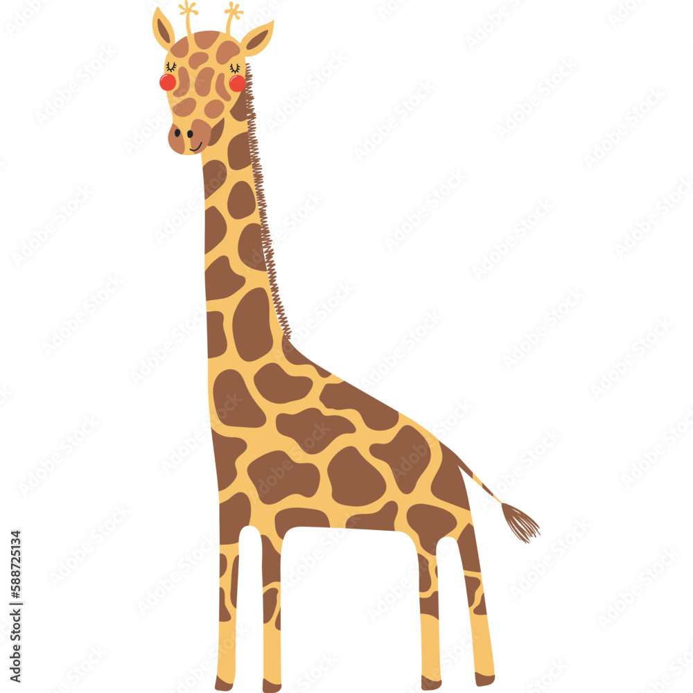 Obraz premium Cute funny giraffe cartoon character illustration. Hand drawn Scandinavian style flat design, isolated vector. Tropical animal, jungle wildlife, safari, nature, kids print element