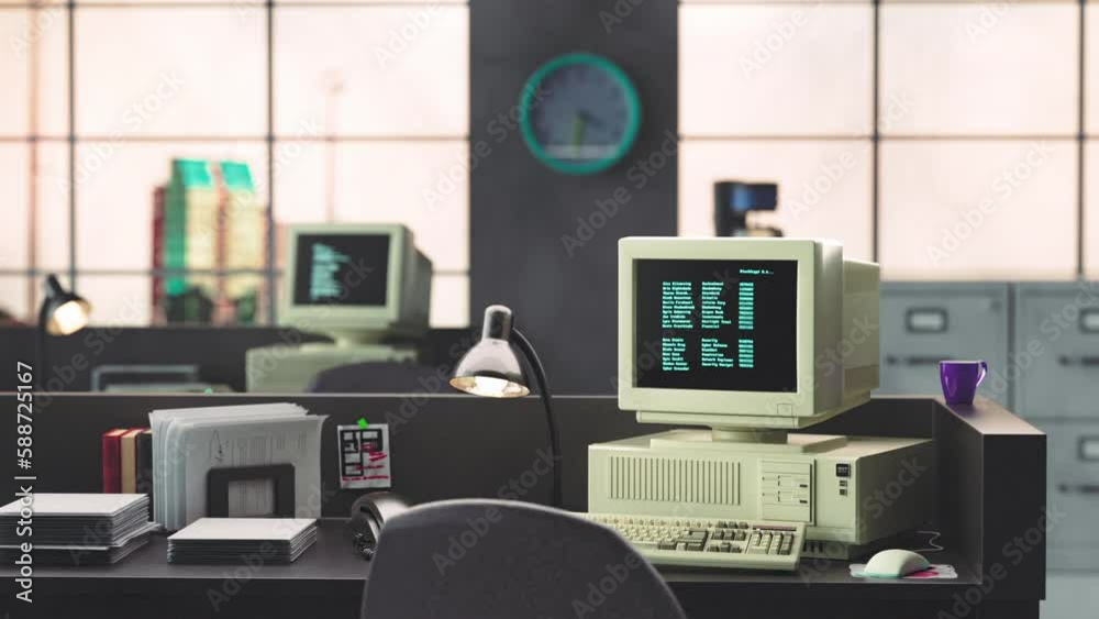Retro Vintage Office Space PC with code displayed on a monitor. Old CRT ...