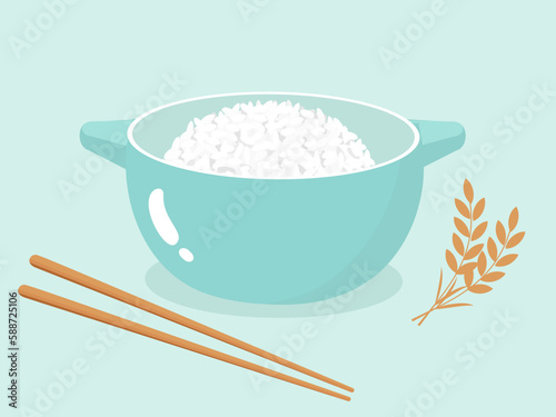Rice bowl with chopsticks and rice plant on green background vector illustration.