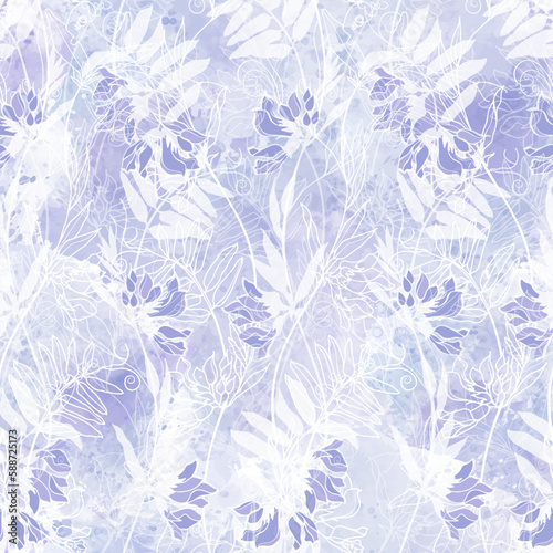 Seamless pattern with grass mouse peas on lilac watercolor background. Vector illustration. Art floral background. Perfect for design templates, wallpaper, wrapping, fabric and textile.