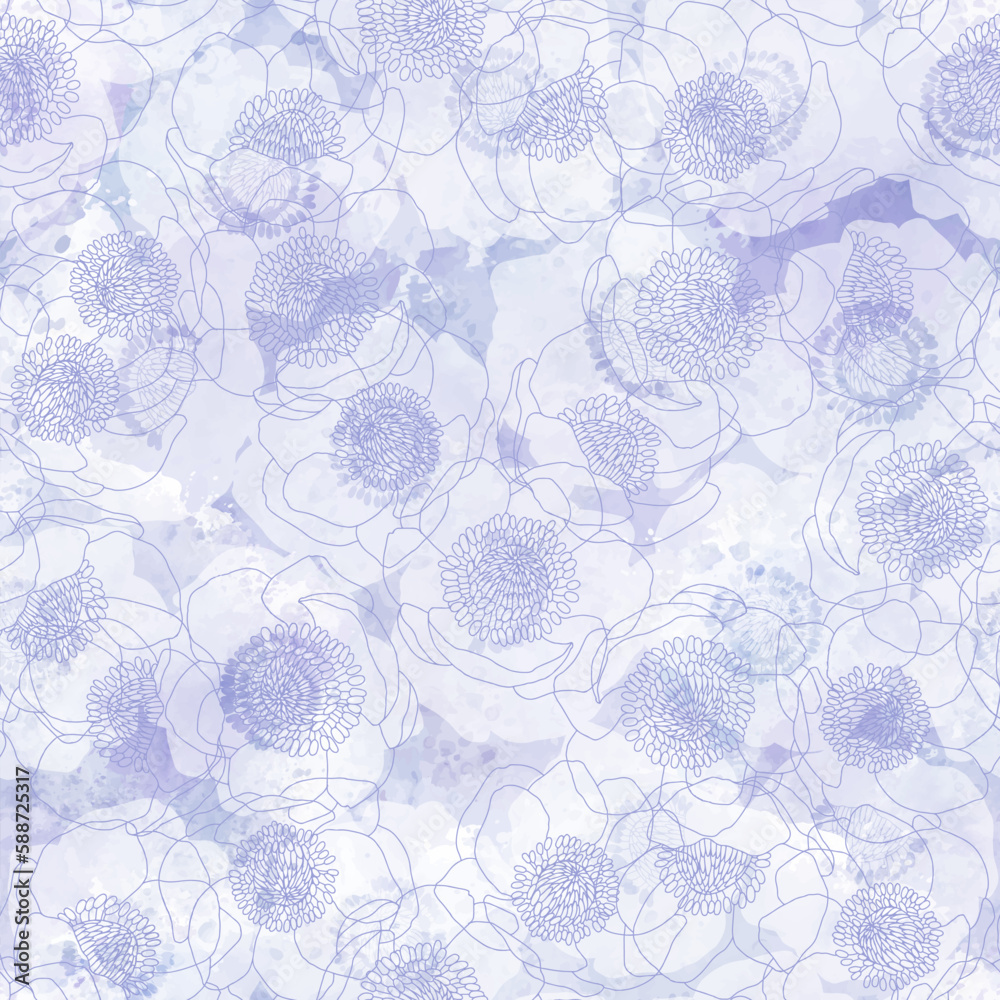 Seamless vector pattern with anemone flowers on lilac watercolor background. Art floral background. Perfect for design templates, wallpaper, wrapping, fabric and textile.