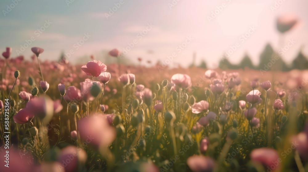 Field of pink flowers, warm sunny day. Background design with peaceful summer landscape. Generative AI.