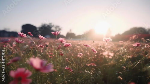 Field of pink flowers, warm sunny day. Background design with peaceful summer landscape. Generative AI.