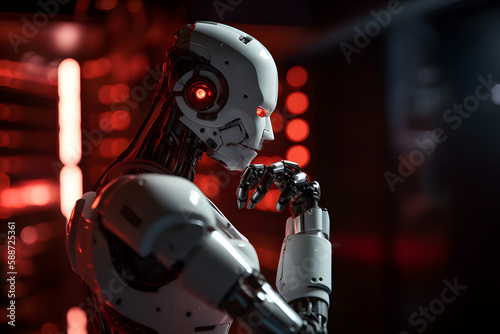 A roboter standing in a thinking pose in a room with a display that showing red data  generative ai