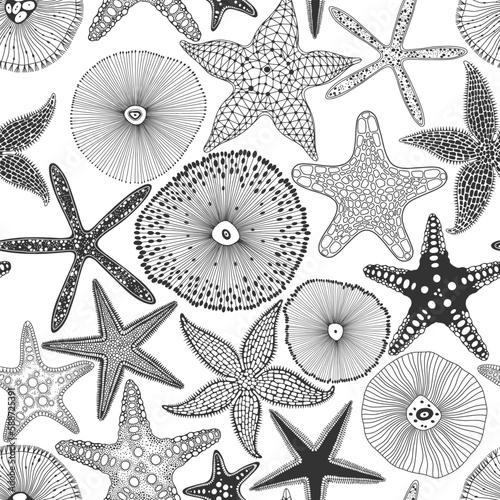Sea. Abstract seamless pattern on the marine theme with starfish. Vector. Perfect for design templates, wallpaper, wrapping, fabric and textile.