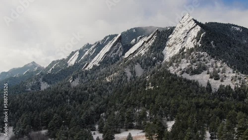 Early morning above Boulder Flat Irons hiking trails with snow Chautauqua hiking trails drone panning right  motion Colorado photo