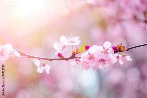 Pink cherry tree blossom flowers blooming in springtime against a natural sunny blurred garden banner background of blue and white bokeh - Generative AI
