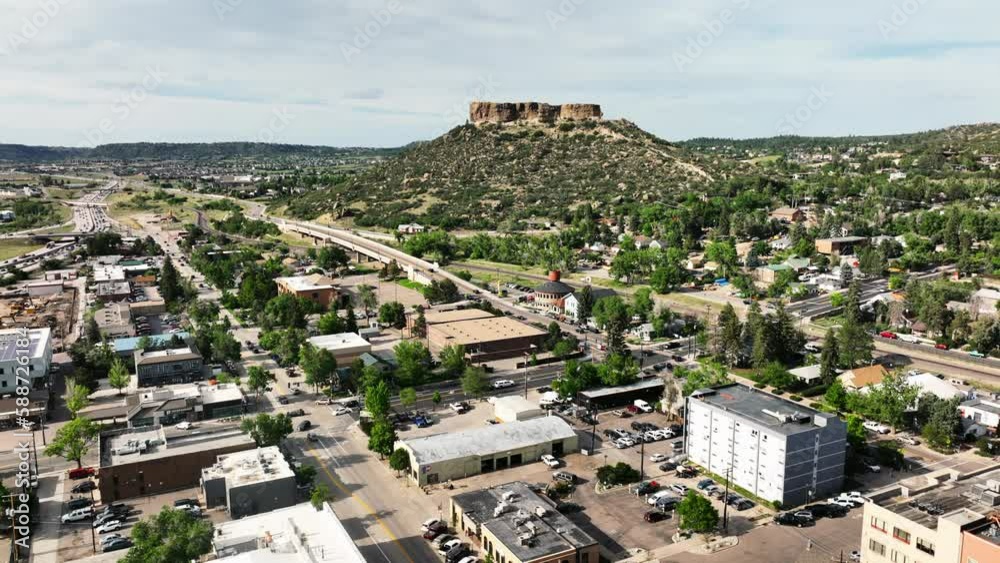 Downtown Castle Rock Colorado pan left slide movement summer green beautiful cars people Downtown Castle Rock Colorado pan left slide movement summer green beautiful cars people