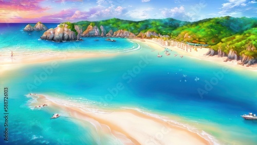 Sandy tropical beach with island on background. Generative AI © Fernando