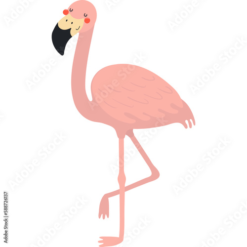 Cute funny flamingo with one leg up cartoon character illustration. Hand drawn Scandinavian style flat design, isolated vector. Tropical animal, jungle wildlife, safari, nature, kids print element