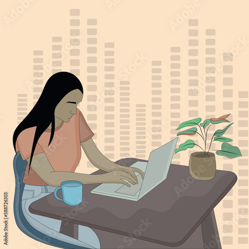 Flat design of a girl using laptop computer