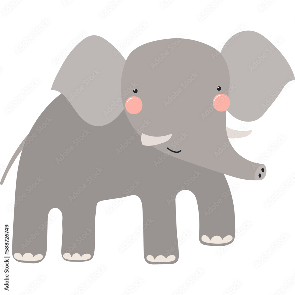 Obraz premium Cute funny elephant cartoon character illustration. Hand drawn Scandinavian style flat design, isolated vector. Tropical animal, jungle wildlife, safari, nature, kids print element