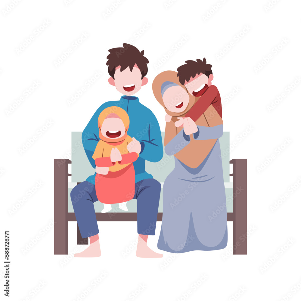 Illustration of a family with two children and a boy during Eid al-Fitr Illustration of a family with two children and a boy during Eid al-Fitr