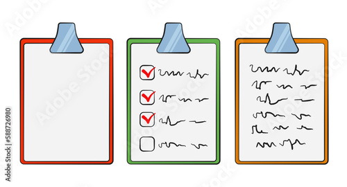 Set of clipboards with blank paper, notes and checklist. Cartoon. Vector illustration. Isolated on white background