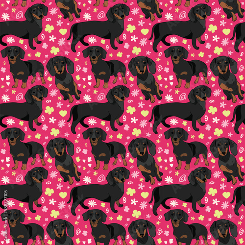 Spring pattern with spirals, leaf, flowers, 
dachshund, doxie dogs. Pastel colors. Elegant, soft seamless background, abstract summer pattern with hand-drawn colorful shapes. Delicate, gender-neutral