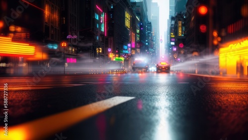 Cyberpunk streets illustration, futuristic city, dystoptic artwork at night, 4k wallpaper. Rain foggy, moody empty future. Generative AI