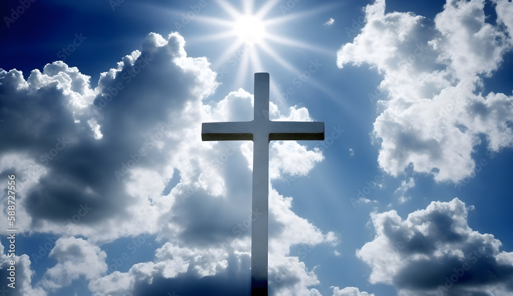 Christian cross shining in sky, created using Generative AI Technology