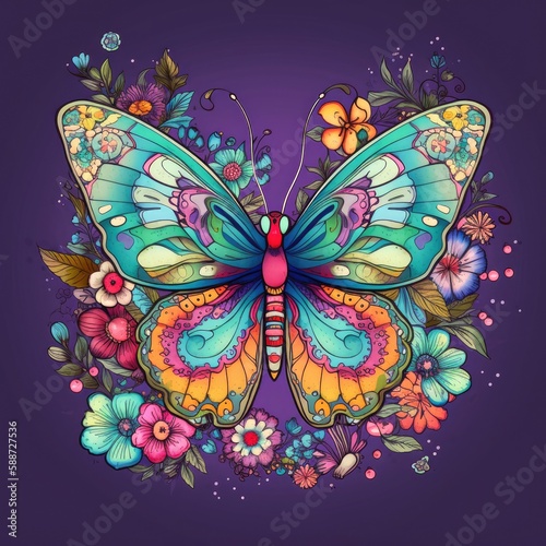 Butterfly painting with multiple colors and beautiful springtime flowers on a white background Generative AI Illustration